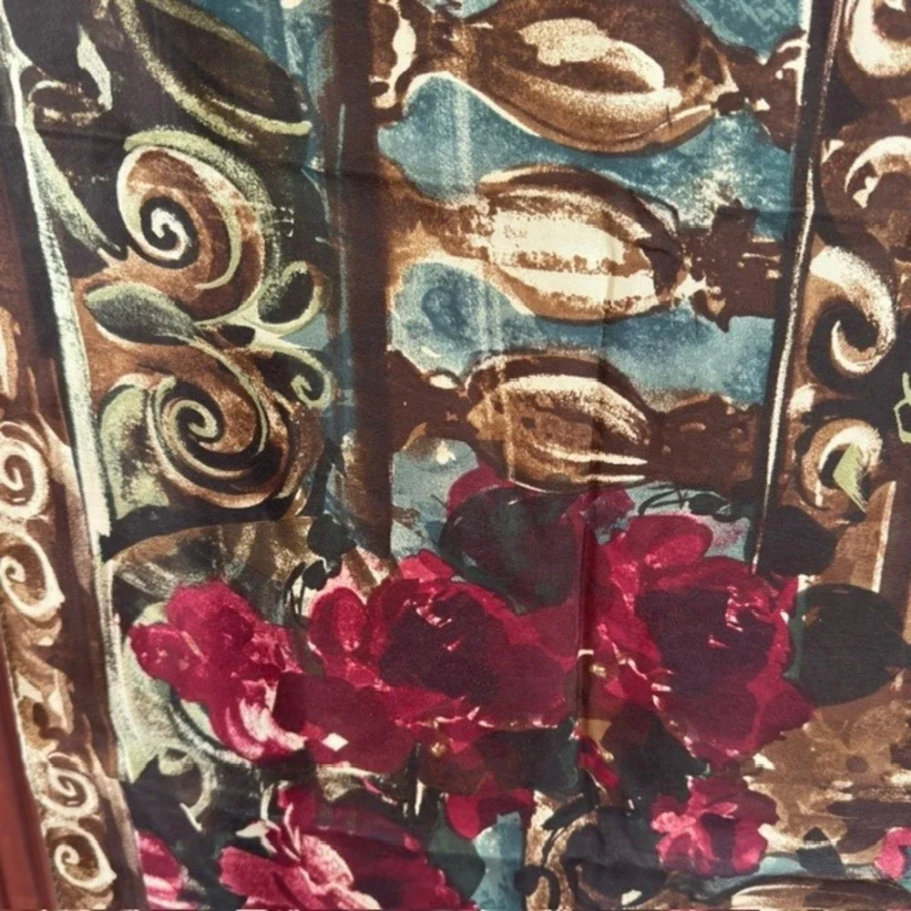Vintage Silk Scarf 1990s Baroque Floral Red Rose Teal Gold Scroll Print‎